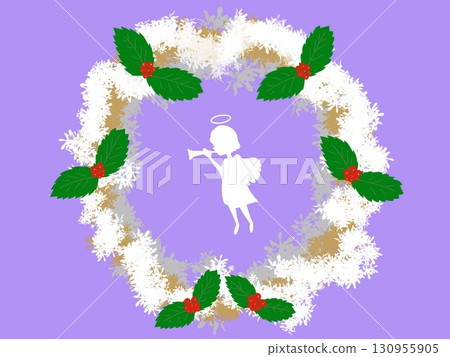 Christmas wreath with silhouette of little angel playing flute, snow, holly, red berries 130955905