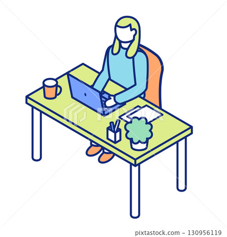 Isometric illustration of a woman working at a desk in a relaxed atmosphere. Working at a desk with a laptop Isometric illustration of a woman working at a desk in a relaxed atmosphere. Working at a desk with a laptop 130956119
