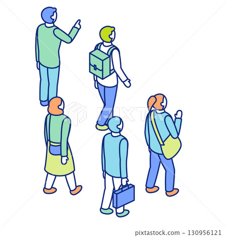 等距人物插圖集。一群人朝一個方向行走。 等距人物插圖集。一群人朝一個方向行走。 130956121