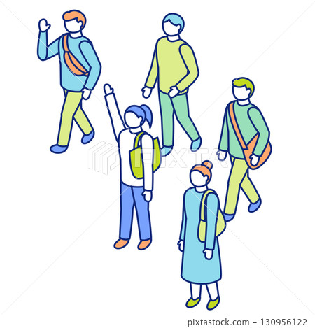 Isometric people illustration set. Group of people walking in one direction. 130956122