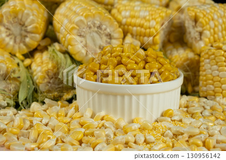 Healthy Canned Corn Served In Bowl With Fresh Corn Cobs. 130956142