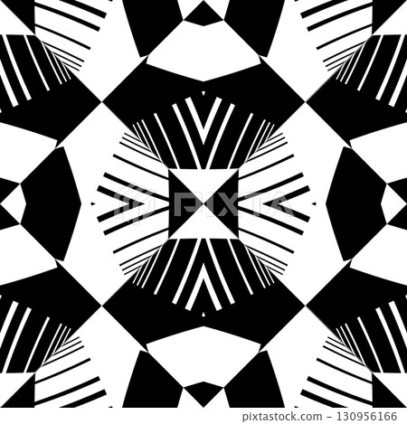 Abstract seamless pattern with decorative geometric elements. Black and white ornament. Modern stylish texture repeating. Great for tapestry, carpet, bedspread, fabric, ceramic tile, pillow Abstract seamless pattern with decorative geometric elements. Black and white ornament. Modern stylish texture repeating. Great for tapestry, carpet, bedspread, fabric, ceramic tile, pillow 130956166