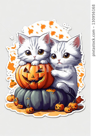 Happy Halloween holiday concept. Two little cute kittens with Halloween jack-o'-lantern. Generative AI image. Happy Halloween holiday concept. Two little cute kittens with Halloween jack-o'-lantern. Generative AI image. 130956168