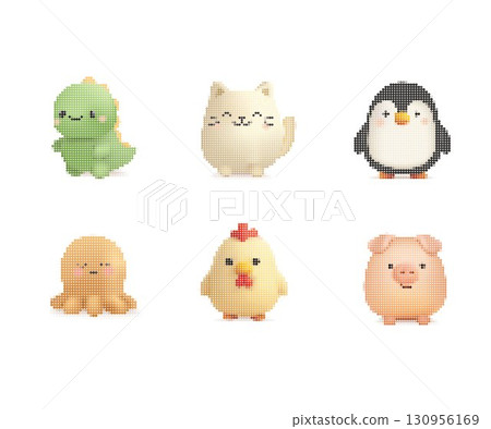 Cute Mosaic Pixel Art Animals Set 130956169