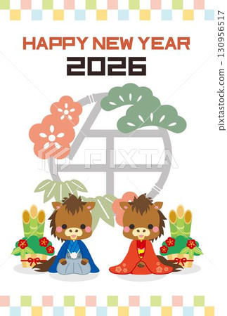 一匹穿著和服的可愛馬的插圖迎接新年 2026 年馬年新年賀卡模板 130956517