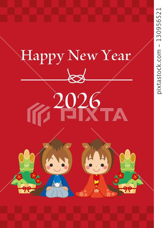 可愛的男孩和女孩迎接新年的插圖 2026 年馬年新年賀卡模板 可愛的男孩和女孩迎接新年的插圖 2026 年馬年新年賀卡模板 130956521