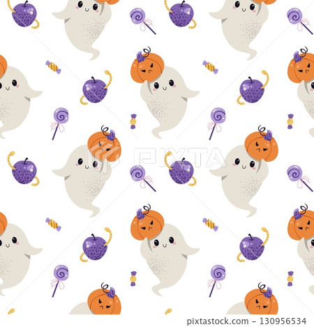 Cute Ghost with Pumpkin and Wormy Apple Seamless Pattern. Halloween Repeat Background for Textile, Gift Wrap, Scrapbooking, Party Decor and Festive Design. 130956534