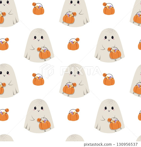Cute Ghost with Candy Bag and Pumpkin Seamless Pattern. Halloween Repeat Background for Textile, Gift Wrap, Party Decor, Scrapbooking and Festive Design Cute Ghost with Candy Bag and Pumpkin Seamless Pattern. Halloween Repeat Background for Textile, Gift Wrap, Party Decor, Scrapbooking and Festive Design 130956537