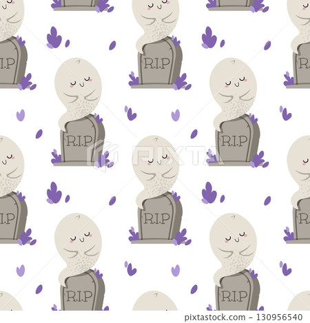 Cute Ghost Sitting on Tombstone Seamless Pattern. Halloween Spooky Background for Textile, Party Decor, Scrapbooking, Gift Wrap and Festive Design. 130956540