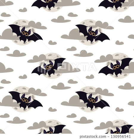 Seamless Pattern with Cute Bats, Moon and Clouds on Midnight Blue Background. Halloween Repeat Background for Textile, Packaging, Wallpaper, Web Design and Festive Decor Seamless Pattern with Cute Bats, Moon and Clouds on Midnight Blue Background. Halloween Repeat Background for Textile, Packaging, Wallpaper, Web Design and Festive Decor 130956541