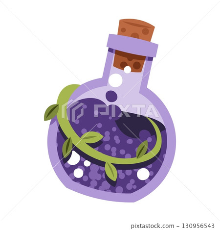 Magic Potion in Glass Bottle Flat Vector Illustration Isolated on White Background. Witchcraft Spell Ingredient for Halloween Decor, Stickers, Logo Design, Mystical Branding and Fantasy Party Projects Magic Potion in Glass Bottle Flat Vector Illustration Isolated on White Background. Witchcraft Spell Ingredient for Halloween Decor, Stickers, Logo Design, Mystical Branding and Fantasy Party Projects 130956543