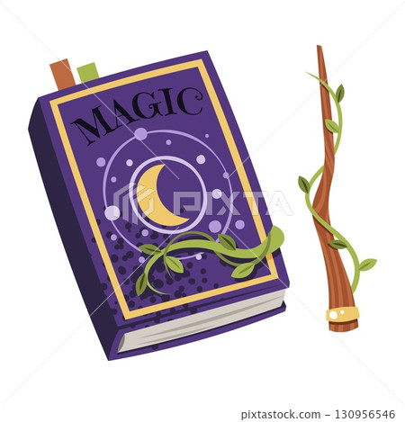 Magic Book and Wand Flat Vector Illustration Isolated on White Background. Witchcraft Spell Kit for Halloween Decor, Stickers, Logo Design, Mystical Branding and Fantasy Party Projects Magic Book and Wand Flat Vector Illustration Isolated on White Background. Witchcraft Spell Kit for Halloween Decor, Stickers, Logo Design, Mystical Branding and Fantasy Party Projects 130956546