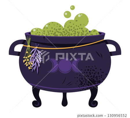 Magic Witch Cauldron with Bubbling Potion, Flat Design Vector Illustration on White Background. Halloween Clipart for Decoration, Stickers, Logo, Web Design, Party Invitations and Spooky Holiday Magic Witch Cauldron with Bubbling Potion, Flat Design Vector Illustration on White Background. Halloween Clipart for Decoration, Stickers, Logo, Web Design, Party Invitations and Spooky Holiday 130956552