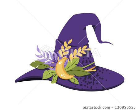 Witch Hat with Botanical Leaves Flat Vector Illustration Isolated on White. Magic Ritual Item for Halloween Stickers, Party Decor, Spell Book Designs, and Mystic Branding. Traditional witch clothing Witch Hat with Botanical Leaves Flat Vector Illustration Isolated on White. Magic Ritual Item for Halloween Stickers, Party Decor, Spell Book Designs, and Mystic Branding. Traditional witch clothing 130956553