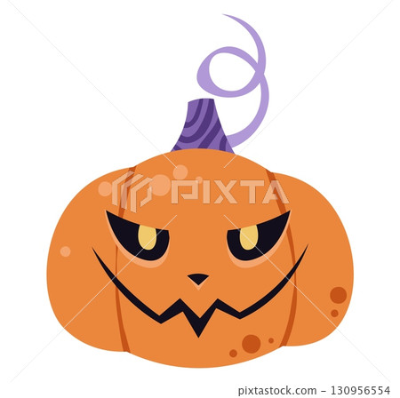 Jack O Lantern Pumpkin with Expressive Face Flat Vector Illustration Isolated on White Background. Halloween Holiday Symbol for Decoration, Stickers, Party Supplies, Seasonal Branding and Festive Jack O Lantern Pumpkin with Expressive Face Flat Vector Illustration Isolated on White Background. Halloween Holiday Symbol for Decoration, Stickers, Party Supplies, Seasonal Branding and Festive 130956554