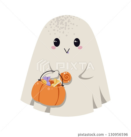 Cute Ghost with Candy Bag Flat Vector Illustration Isolated on White. Halloween Character for Trick or Treat Designs, Party Invitations, Stickers, Sweet Themed Decor. Playful Festive Style. Cute Ghost with Candy Bag Flat Vector Illustration Isolated on White. Halloween Character for Trick or Treat Designs, Party Invitations, Stickers, Sweet Themed Decor. Playful Festive Style. 130956596