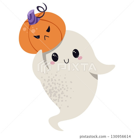 Cute Ghost with Pumpkin Flat Vector Illustration Isolated on White. Halloween Character for Holiday Cards, Party Decor, Stickers, Social Media Posts. Playful Spooky Style, Ideal for Digital and Print. 130956614