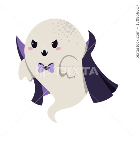 Cute Vampire Ghost Flat Vector Illustration Isolated on White. Halloween Character for Holiday Card Design, Party Posters, Stickers, Festive Decor. Playful Spooky Style, Perfect for Digital and Print 130956617