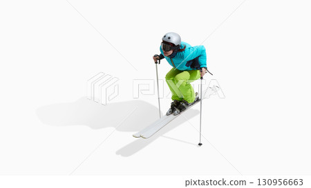 Female skier crouching low in compact downhill jump position isolated on white Female skier crouching low in compact downhill jump position isolated on white 130956663