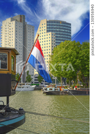Dutch Flag by the Waterfront in Rotterdam Dutch Flag by the Waterfront in Rotterdam 130956940