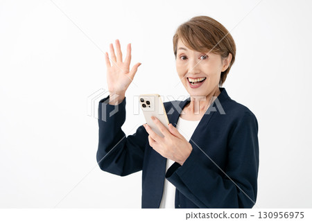 A woman surprised to see a smartphone 130956975