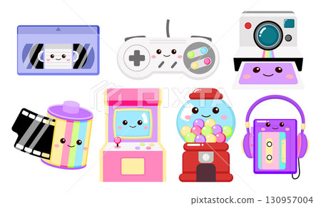 Kawaii retro 90s gadget collection, VHS Tape, game controller, polaroid camera, arcade game, cassette tape, film roll 130957004