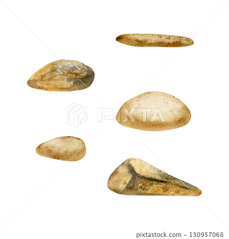 Natural smooth rocks pebbles mineral chips sandstone agate jasper. Single object illustration, watercolor hand drawn. Spa treatment, massage salon, zen meditation, semi-precious stone handmade jewelry 130957068