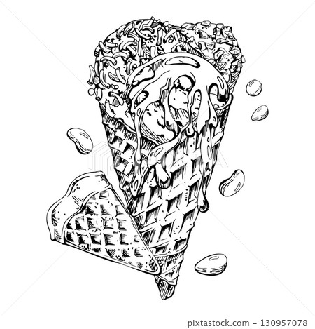 Sorbet gelato scoops, shiny candy dragees, crashed nuts, chocolate syrup sprinkle toppings in waffle cone. Vector graphic illustration hand drawn in pen and ink. Party invite design, cafe stationery Sorbet gelato scoops, shiny candy dragees, crashed nuts, chocolate syrup sprinkle toppings in waffle cone. Vector graphic illustration hand drawn in pen and ink. Party invite design, cafe stationery 130957078