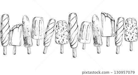 Ice cream sticks seamless banner. Ice lolly popsicle, assorted mix flavors shapes. Vector graphic illustration hand drawn in pen and ink, detailed line sketch. Recipe card, dessert menu, print design Ice cream sticks seamless banner. Ice lolly popsicle, assorted mix flavors shapes. Vector graphic illustration hand drawn in pen and ink, detailed line sketch. Recipe card, dessert menu, print design 130957079