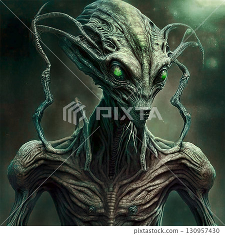 Dark grey alien on dark background wearing . Created using ai generative. 130957430