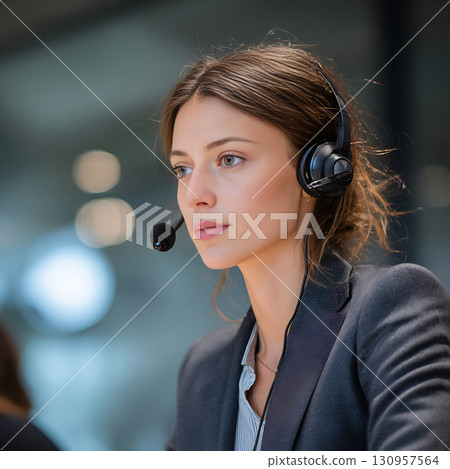 Young woman working in a call center wearing a headset Young woman working in a call center wearing a headset 130957564