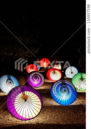 Lantern Floating at the Houoden Hall of the Nishinobo Temple of Kurigara Fudo-ji Temple, Manto-e Festival, and Japanese Umbrella Lighting 130957596