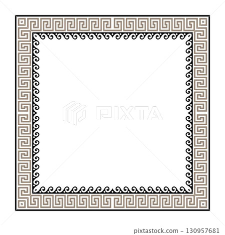 Square frame with decorative key, wavy Greek ornament. Greek meander. Square European border. Traditional classic ornament. Patterns of Greece, Ancient Rome. Classic Egyptian, Greek motifs 130957681