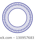 An elegant round frame with classic blue and white floral pattern. Refined border. Floral plate. Design evokes sense of traditional art, reminiscent of fine china Delftware, earthenware, ceramics 130957683