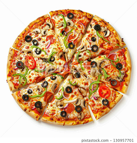 Vibrant supreme pizza with pepperoni, mushrooms, olives, onions, and bell peppers on a white background. AI generated 130957701