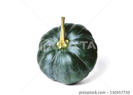 Natural green pumpkin of a round shape, on a white background 130957730