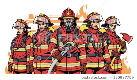 Brave Firefighters Ready to Battle Blaze 130957799
