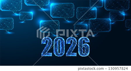 Futuristic AI communication and innovation forecast for year 2026 with glowing digital speech bubble Futuristic AI communication and innovation forecast for year 2026 with glowing digital speech bubble 130957824