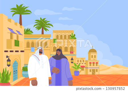 Flat Hand Drawn Modern Cartoon Art of Traditional Arab Life Composition 130957852