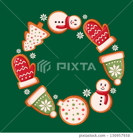Christmas gingerbread cookie in circular wreath arrangement with snowman, mitten, hat, tree, ball shapes and snowflake on green background in cartoon style. 130957938