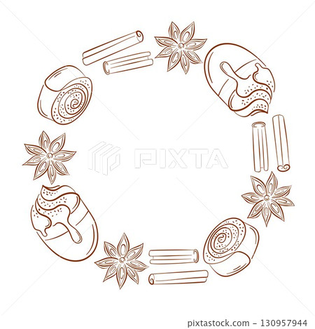 Circular wreath frame with hand drawn cinnamon roll, stick, coffee and star anise spices in line art style on white background with empty center. Circular wreath frame with hand drawn cinnamon roll, stick, coffee and star anise spices in line art style on white background with empty center. 130957944