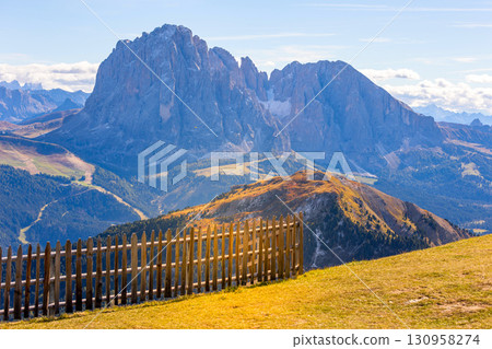 Seceda autumn valley landscape, Val Gardena, Italy 130958274