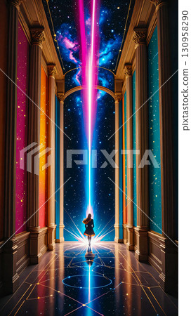 Cosmic gateway a journey through the pillars of light. girl stands at the center of a grand hall, surrounded by tall classical columns with vibrant colors, including orange, teal, and purple. 130958290