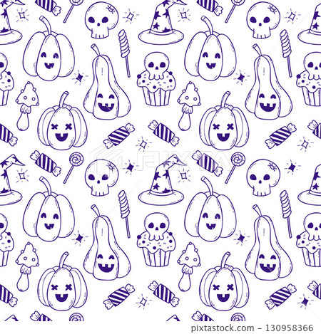 Outline Halloween Seamless pattern. Mystic Cute Pumpkin jack o lantern, Spooky Cupcake with Skull, Witch Hat, Candy treat, Magic Mushroom on white background. Line drawing. Vector illustration. Not AI 130958366