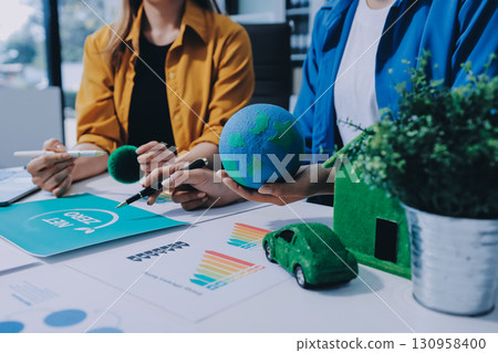 Businessman talks ESG environmental social governance policy for modish business. 130958400