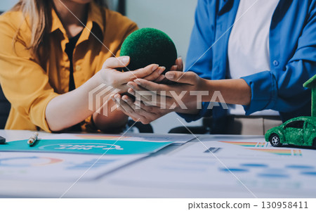 Businessman talks ESG environmental social governance policy for modish business. 130958411