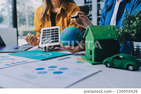 Businessman talks ESG environmental social governance policy for modish business. Businessman talks ESG environmental social governance policy for modish business. 130958426