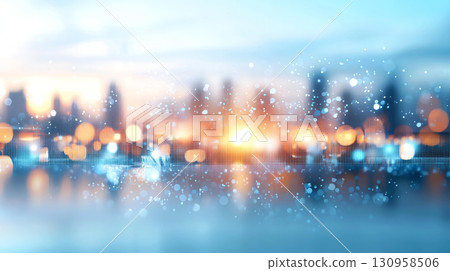 Cityscape background Futuristic city skyline with glowing lights and reflections at sunset 130958506