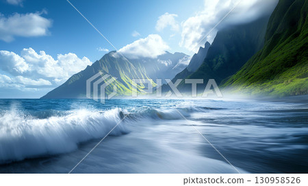 Landscape background Majestic mountain range meeting ocean with rugged coastline Landscape background Majestic mountain range meeting ocean with rugged coastline 130958526