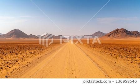 Vast desert road stretching through sandy landscape under blue sky 130958540